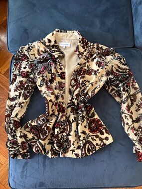 Vintage blouse,Beige Paisley Velvet Button-Down Shirt with Pink & Brown Accents